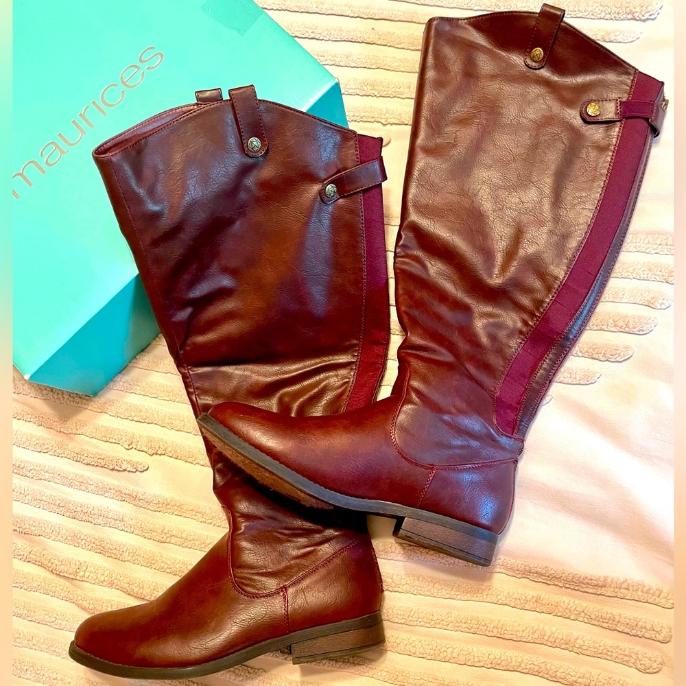 Maurices wendy wide calf boot with back zipper and gore in burgundy